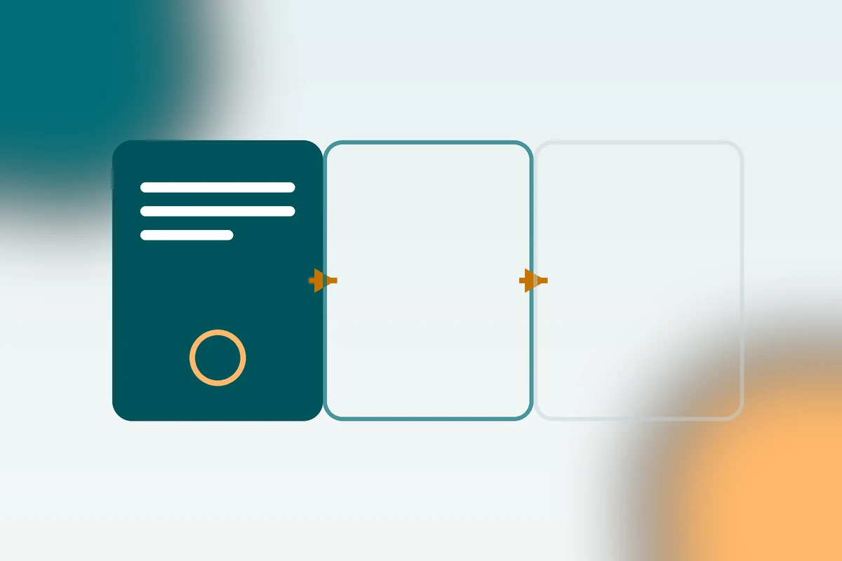 Three certificate cards fading from solid teal to a pale dashed outline, joined by amber arrows